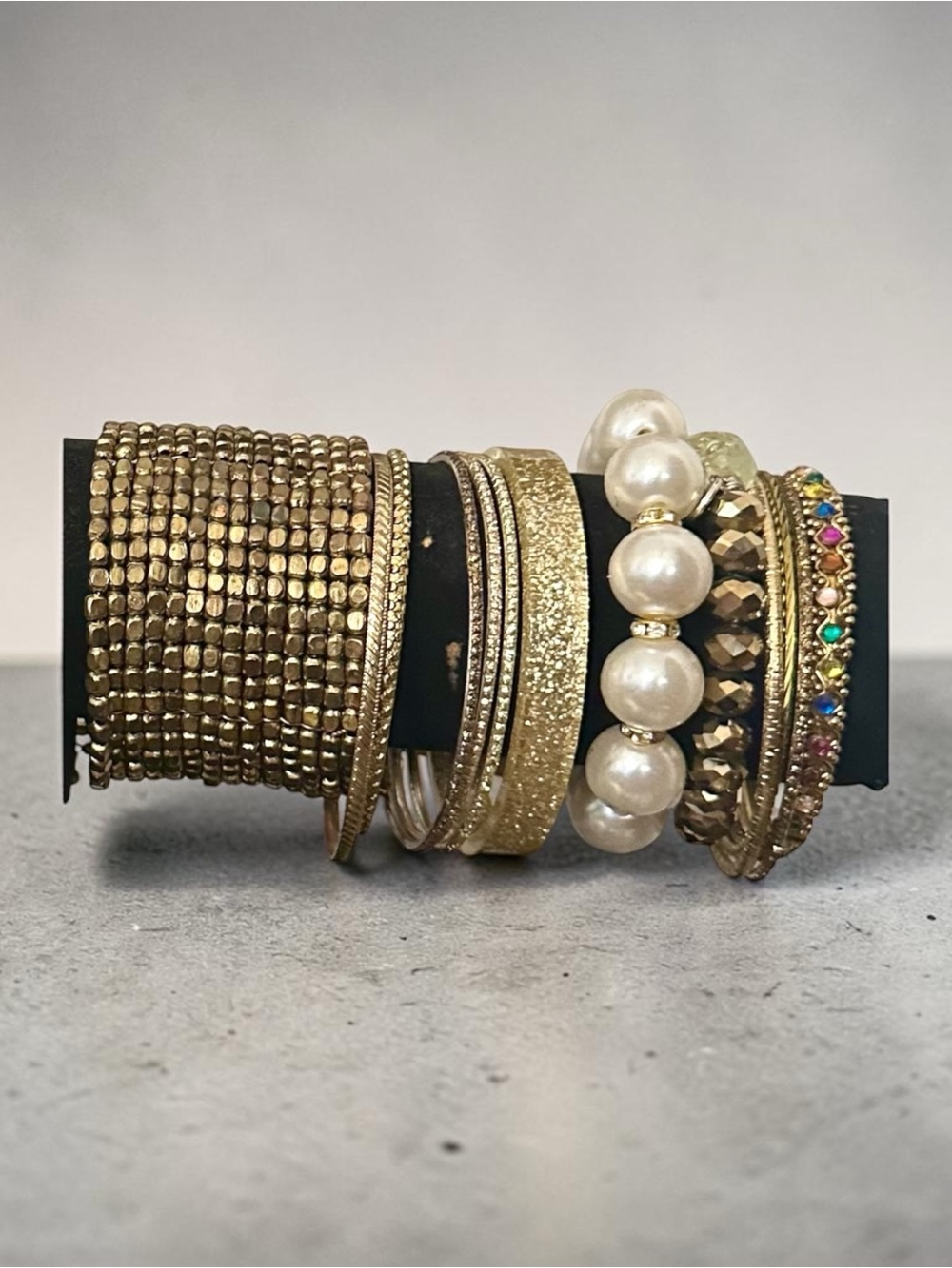 Boho Gold Chunky Bracelet Stack Pearl Rhinestone Multi Layer Statement Bangle